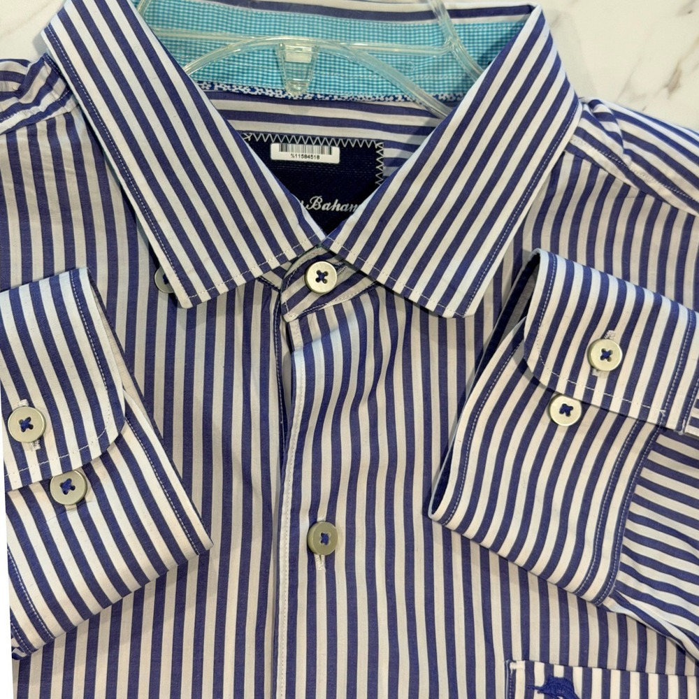 Tommy Bahama Striped Button Up Shirt Mens L Purple White Pima Cotton Excellent